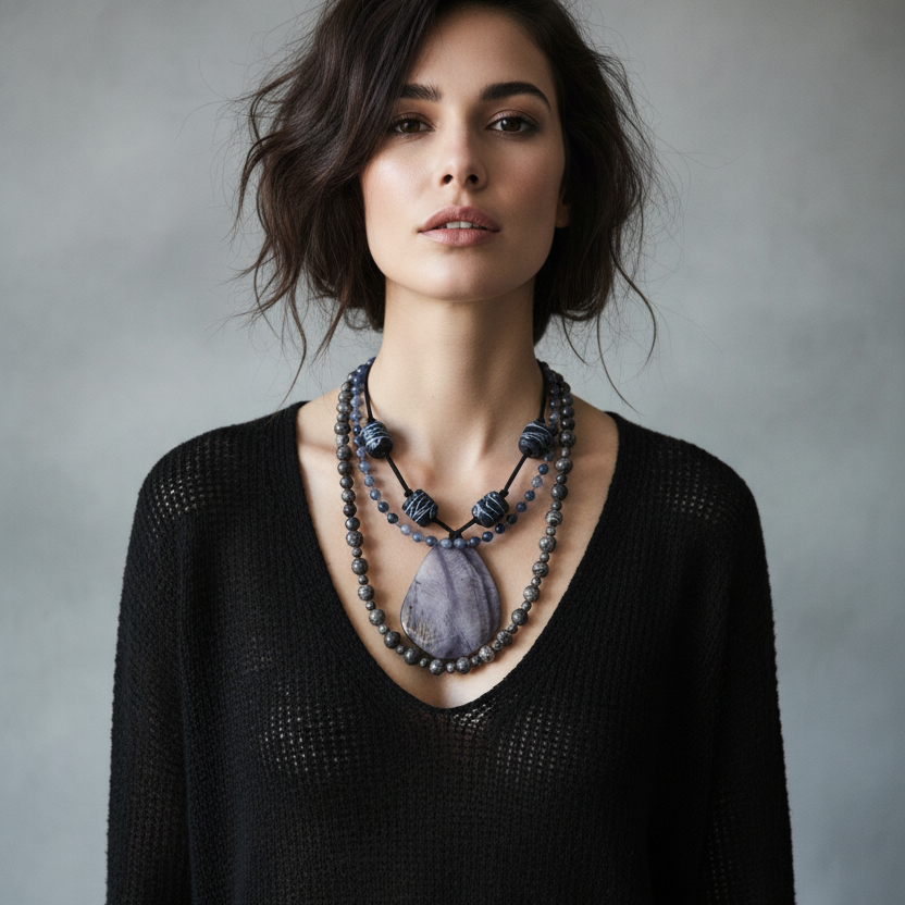 Landscape Jasper and Larvikite Labradorite Beaded Necklace