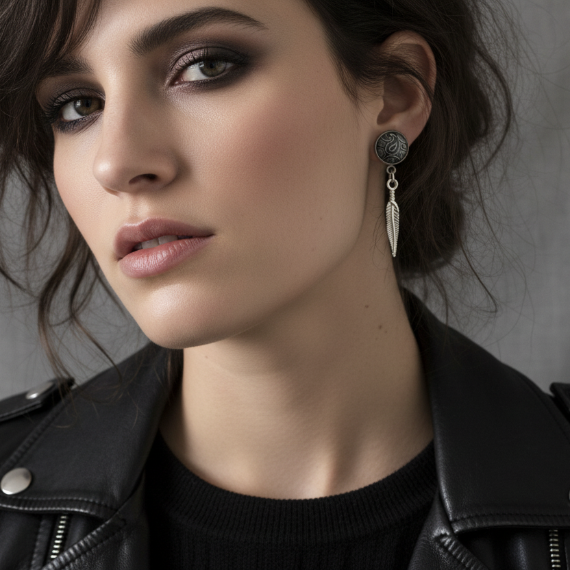 Paisley and Feathers Silver plated Stud Earrings - Gray