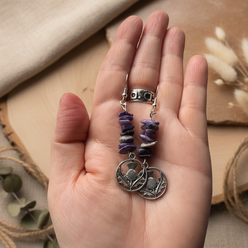 Thistle Flowers Charoite Dangle Earrings