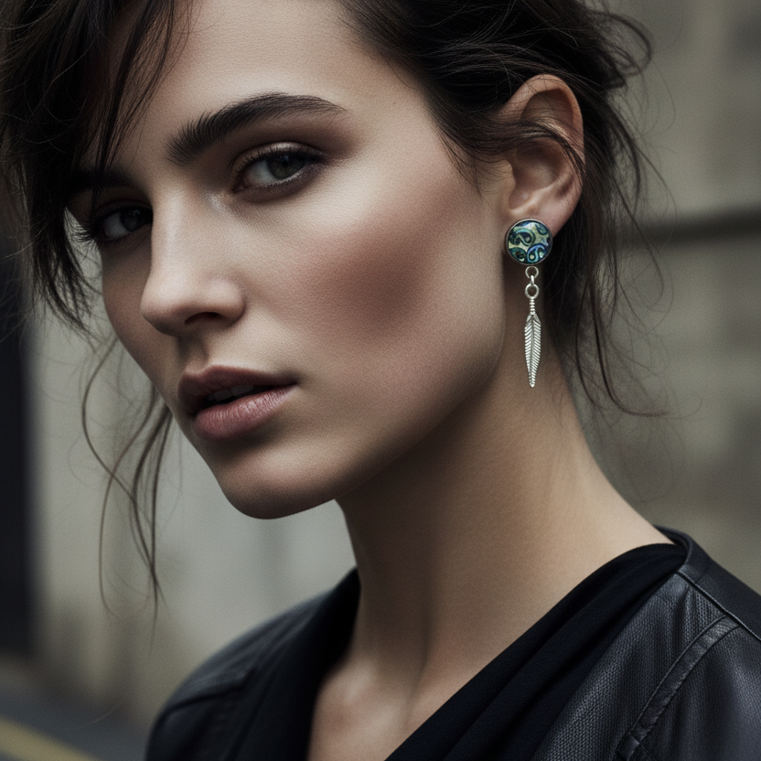 Paisley and Feathers Silver plated Stud Earrings - White