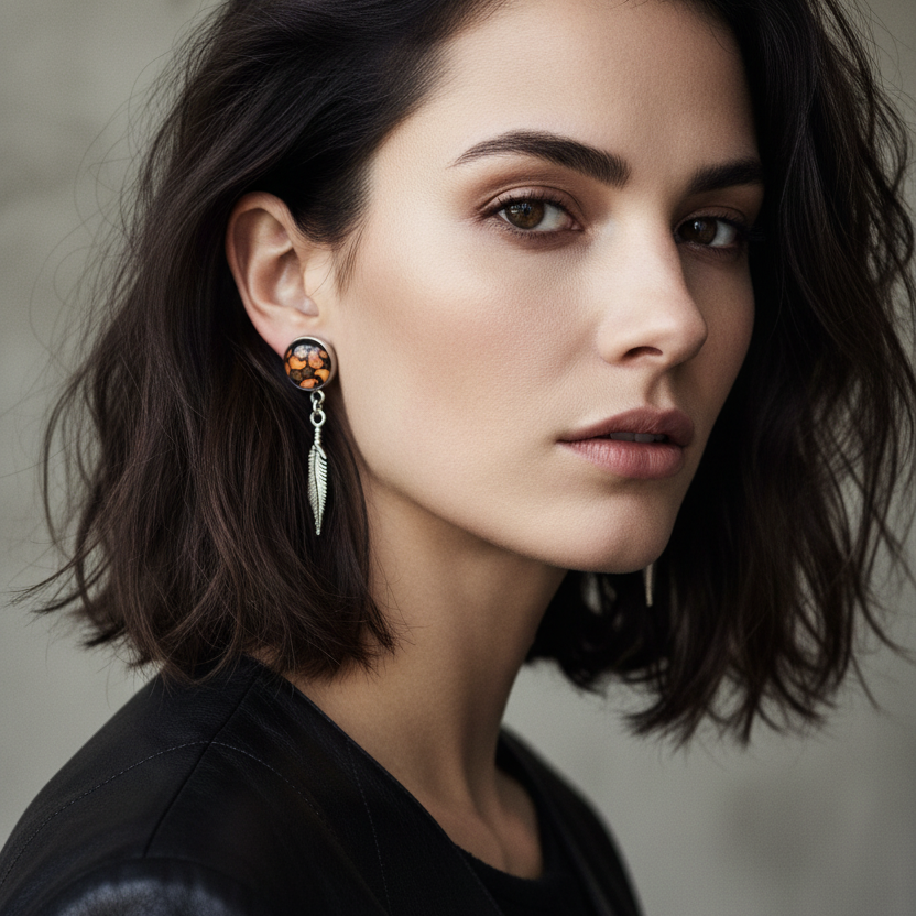 Paisley and Feathers Silver plated Stud Earrings - Orange