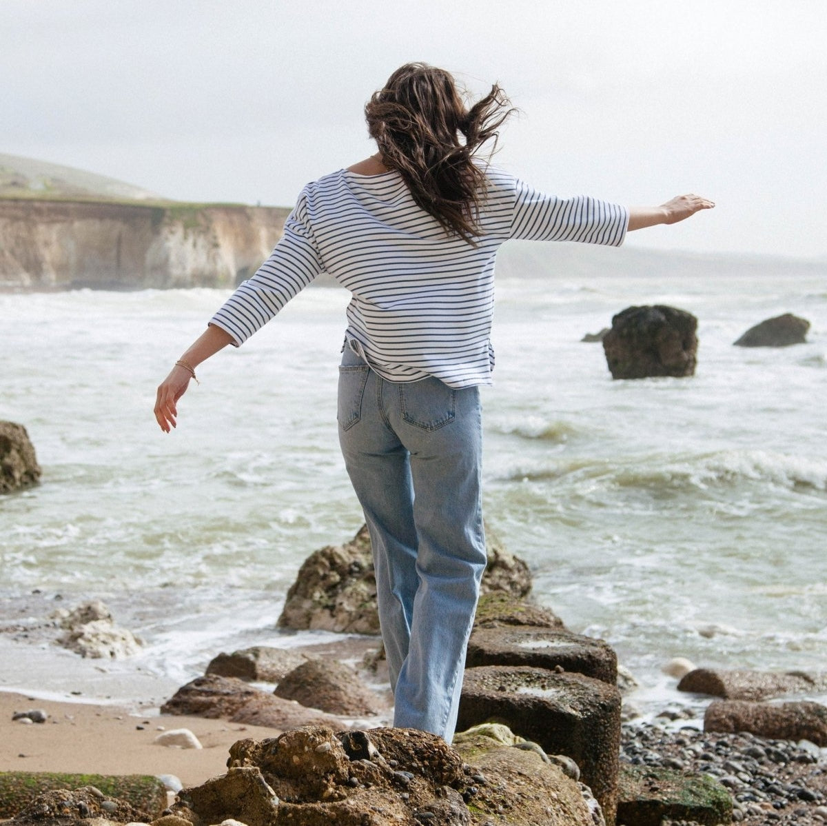 Organic Cotton Striped Boat Neck Top: Womens