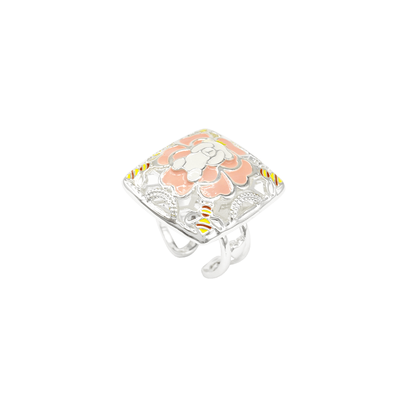 Sahi Gold Enameled Square Camellia Bear Ring