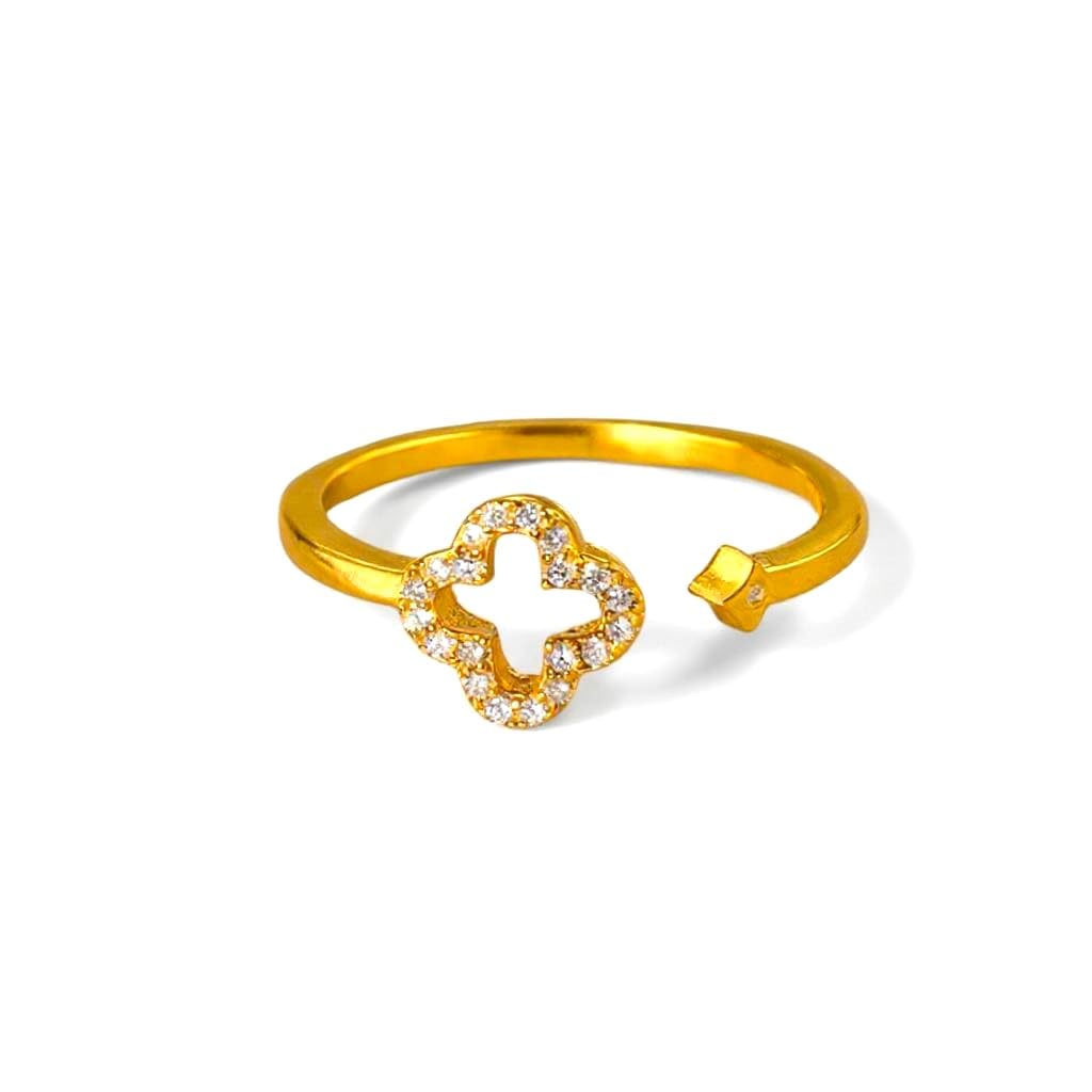 Ameya 18K Gold Plated Four-Leaf Clover Ring, Adjustable, Cubic Zirconia Crystal, Sterling Silver
