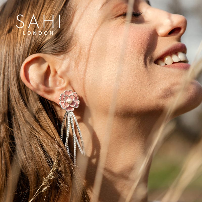 Sahi Gold Enameled Camellia Bear Dangling Earrings