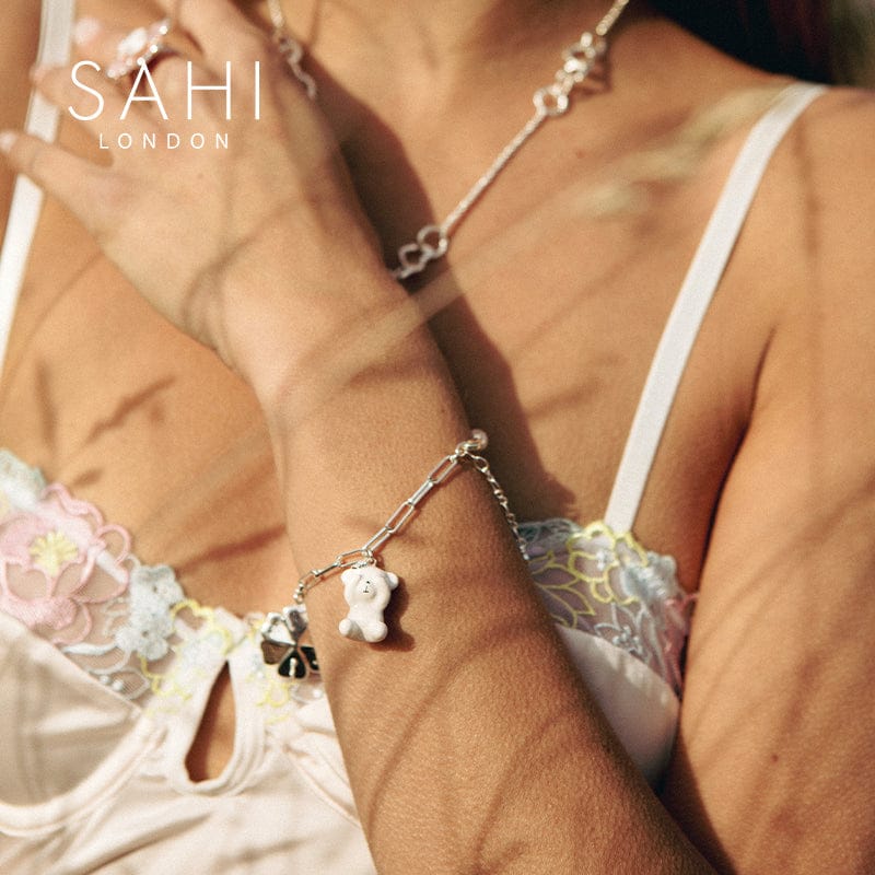 Sahi Gold Enameled Pearl Bear Chain Bracelet