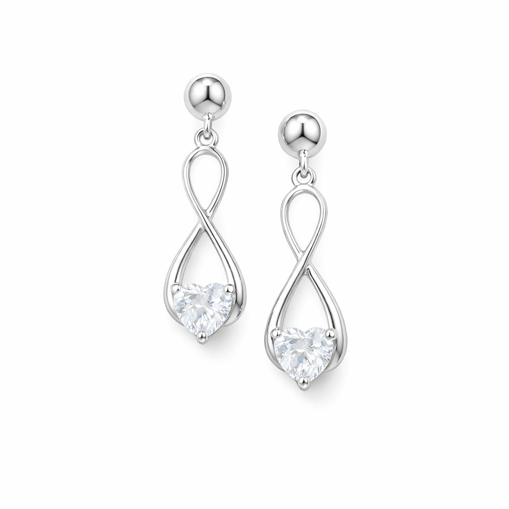 9ct White Gold Infinity CZ Heart Drop Earrings