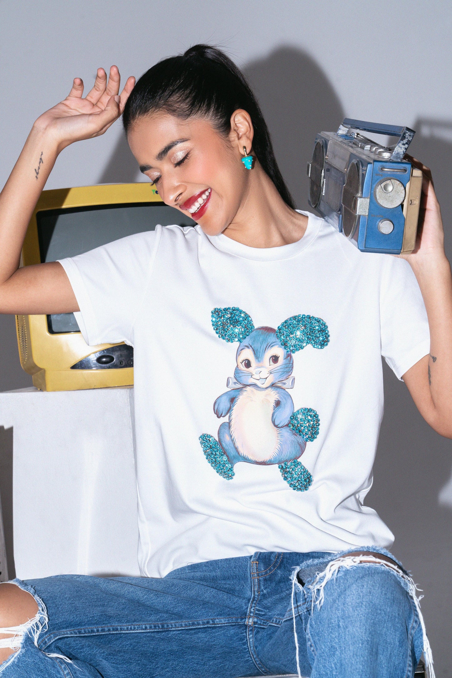 Sahi London Bunny Graphic Embroidered Women’s Cotton T-Shirt - Gray - Large