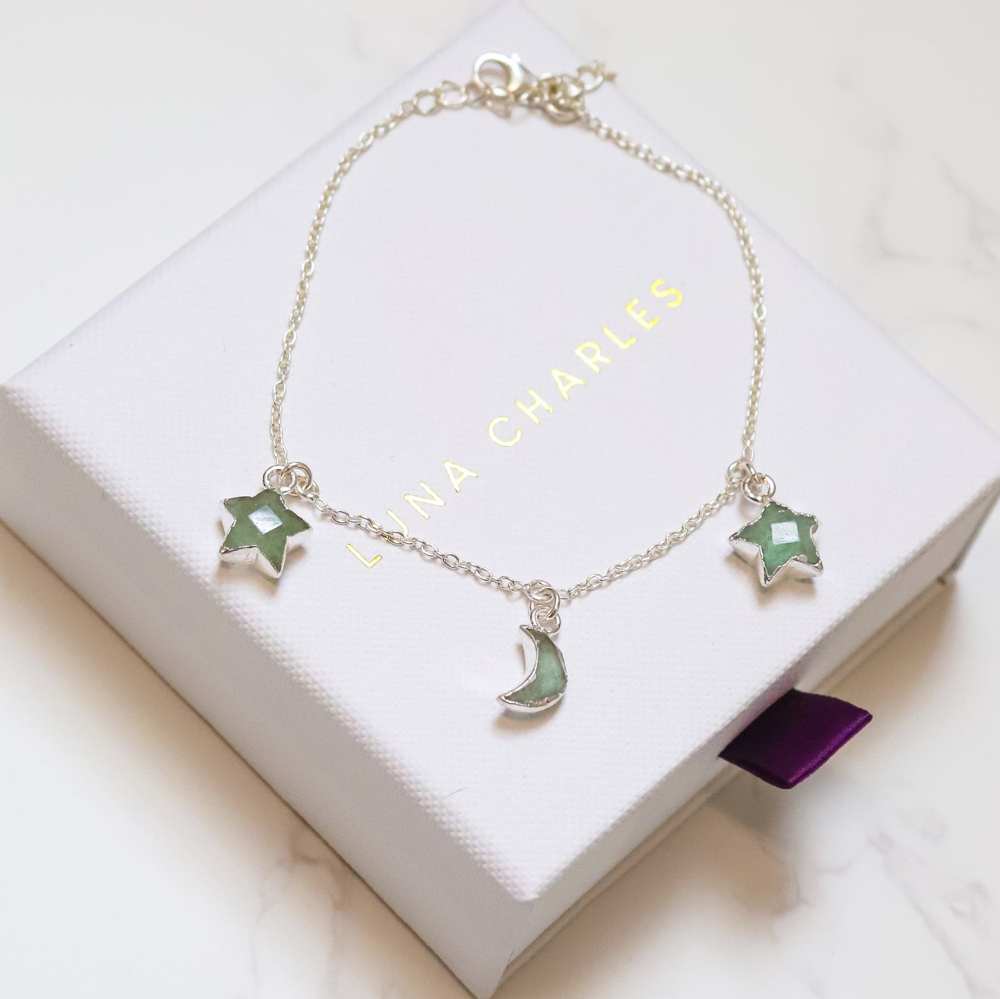 Amelia Aventurine Star & Moon Charm Bracelet | 925 Sterling Silver