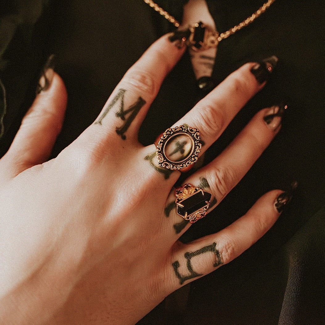 Repent Medieval Black Gemstone Gold Ring