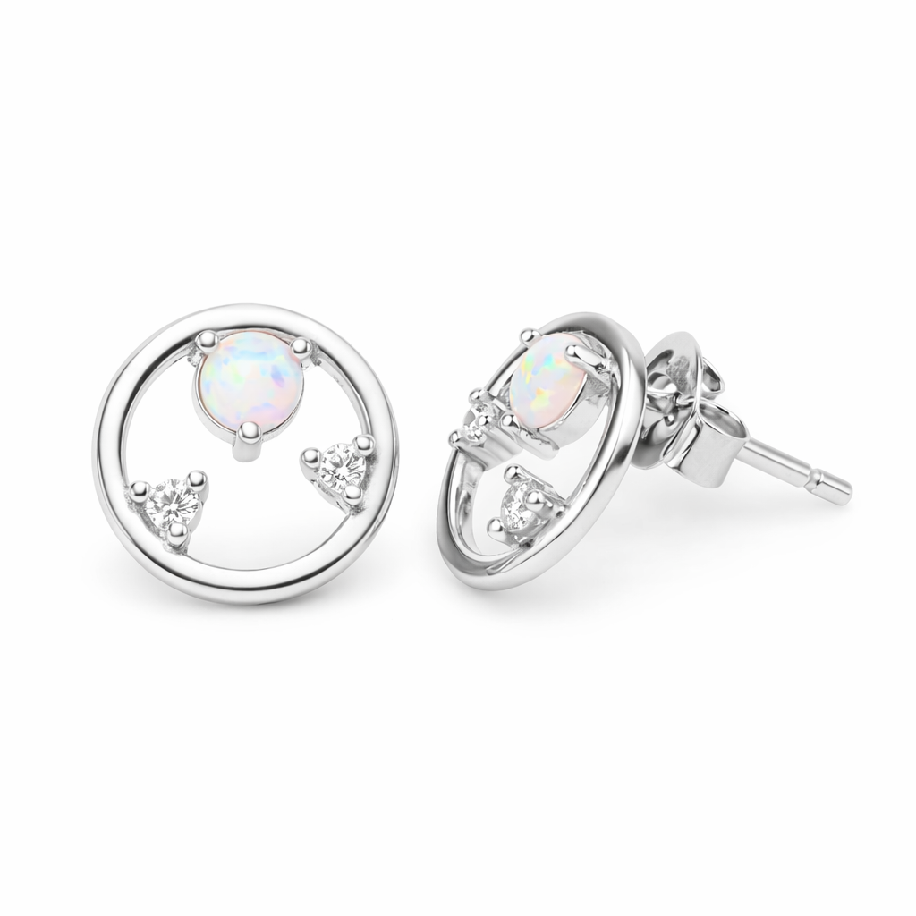 Circle Opal and CZ Stud Earrings