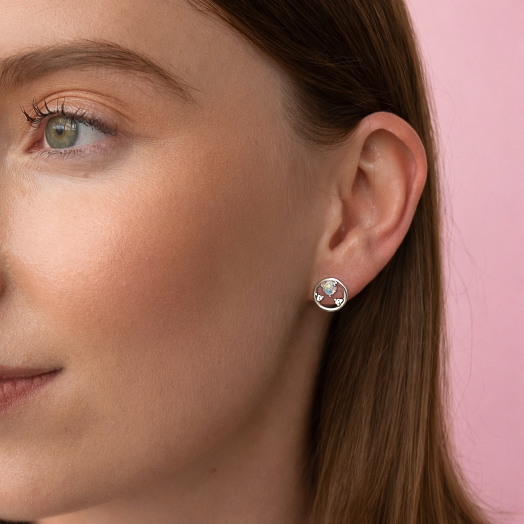 Circle Opal and CZ Stud Earrings