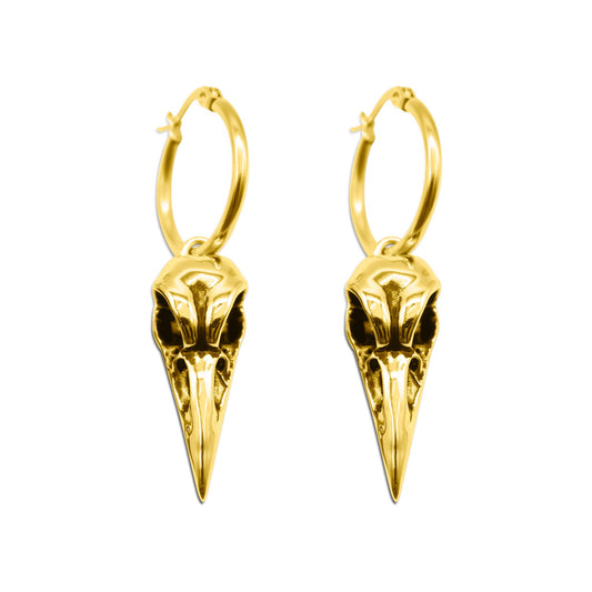 Gold Raven Bird Skull Earrings