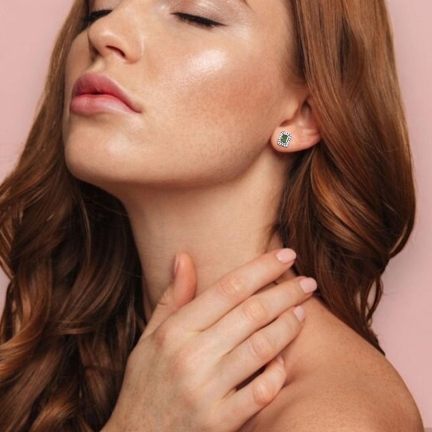 Emerald Rectangle Halo Stud Earrings