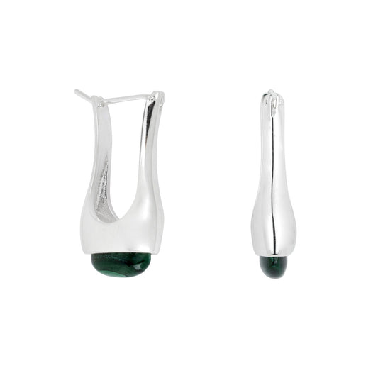 Long Eclipse Drop Green Malachite Hoop Earrings Silver