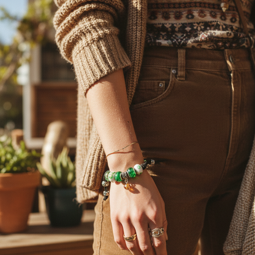 Green Glass Charm Bracelet