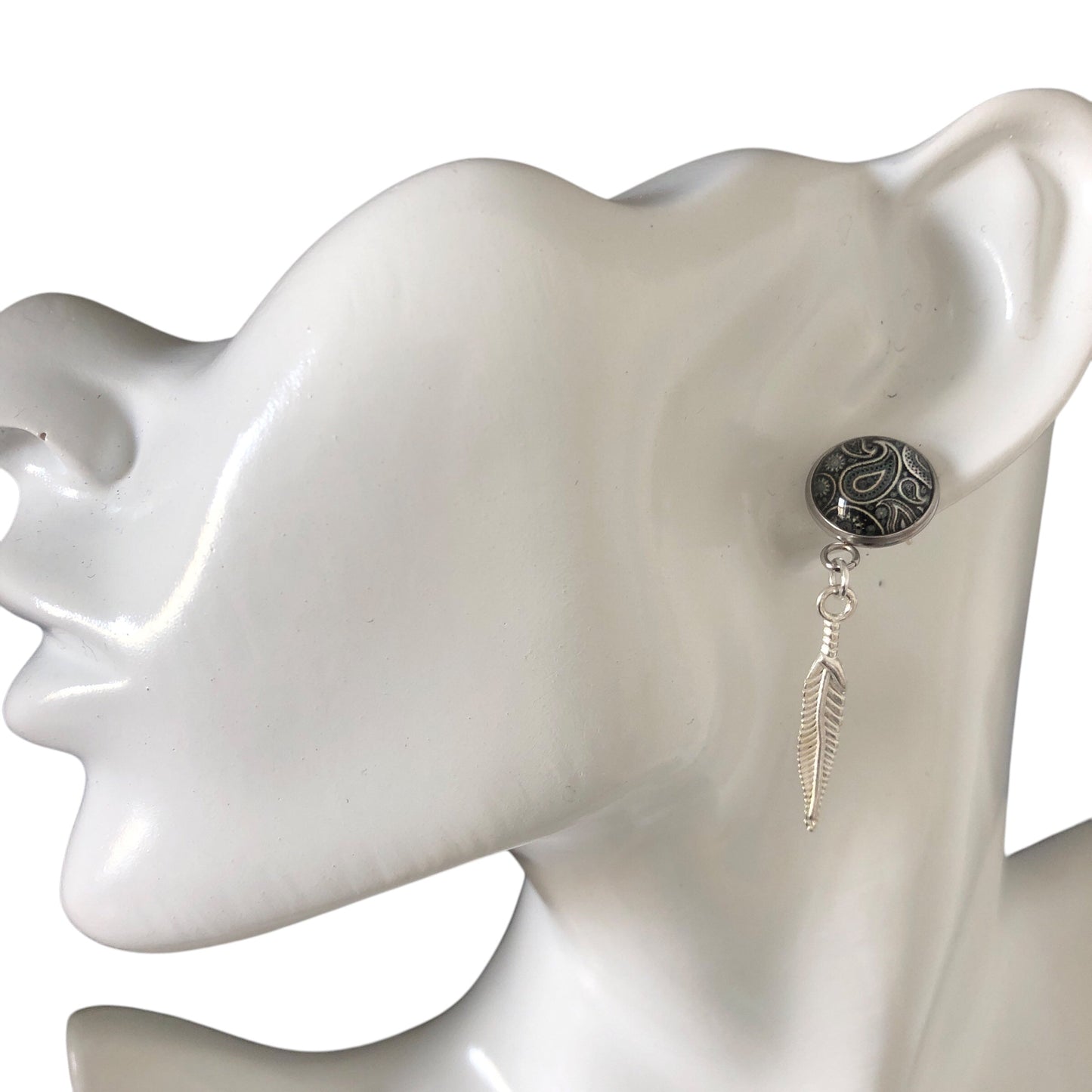 Paisley and Feathers Silver plated Stud Earrings - Gray