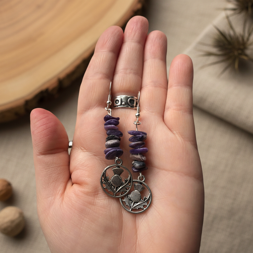 Thistle Flowers Charoite Dangle Earrings