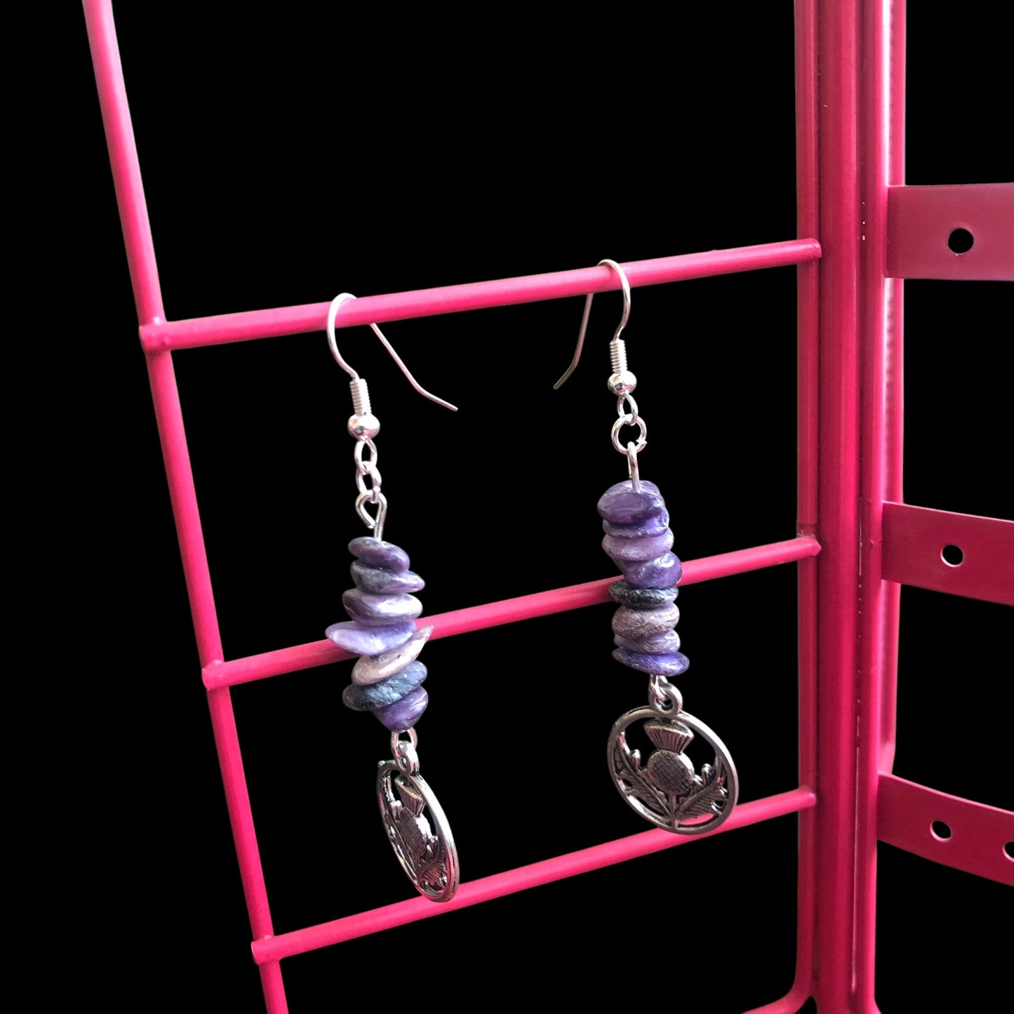 Thistle Flowers Charoite Dangle Earrings