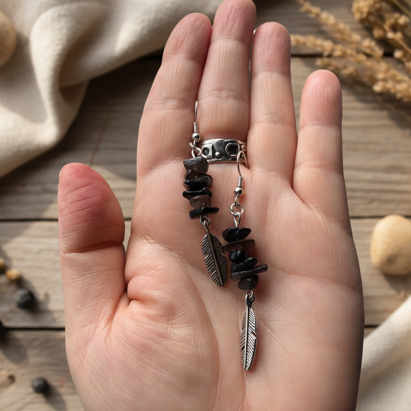 Feathers Obsidian Dangle Earrings