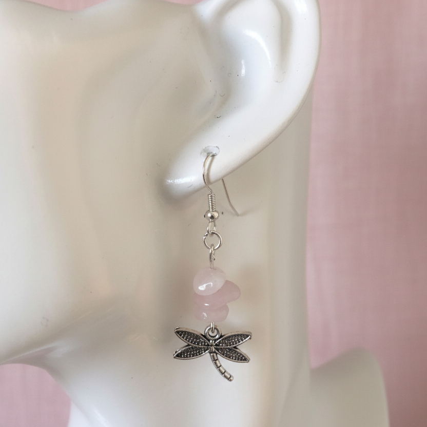 Dragonflies Rose Quartz Dangle Earrings