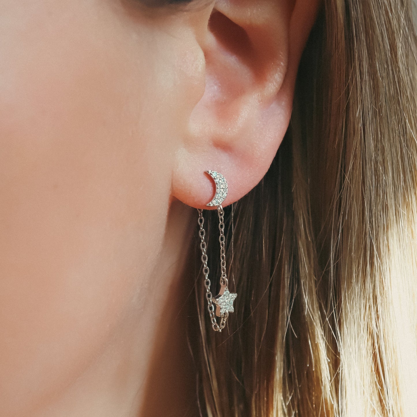 Imogen Moon & Star Drop Chain Earrings | 925 Sterling Silver