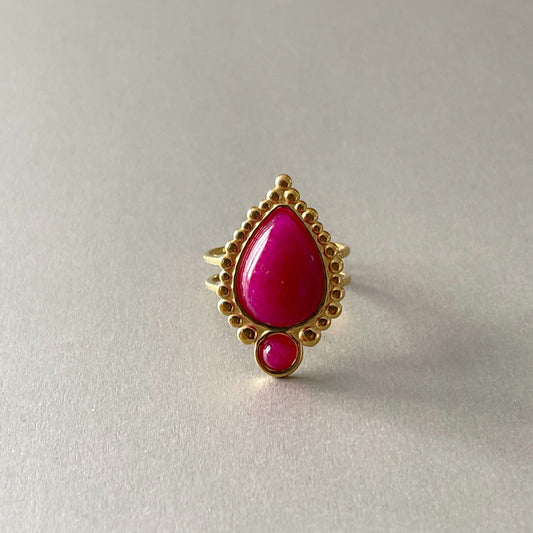 Adhira Luxe 18k Gold  Plated Pink Teardrop Stone Ring