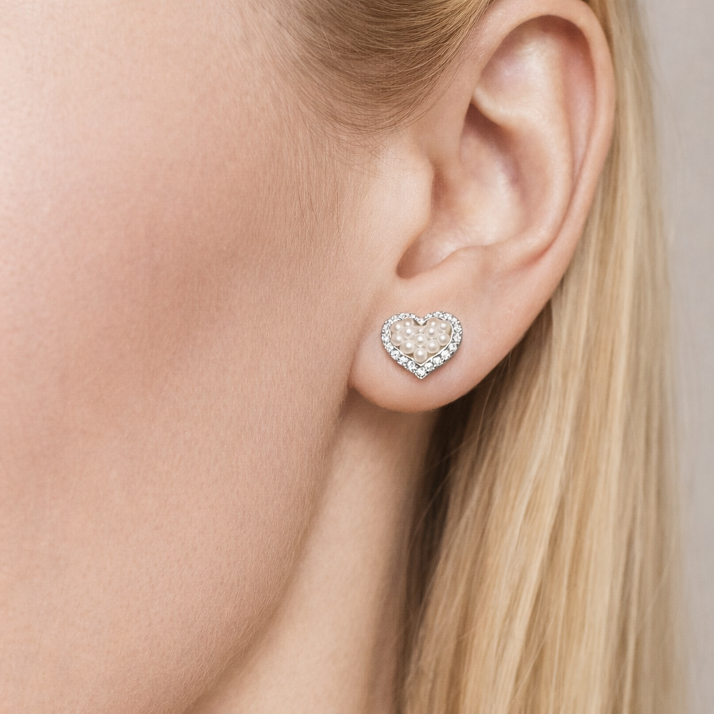 Pearl and Cubic Zirconia Heart Stud Earrings