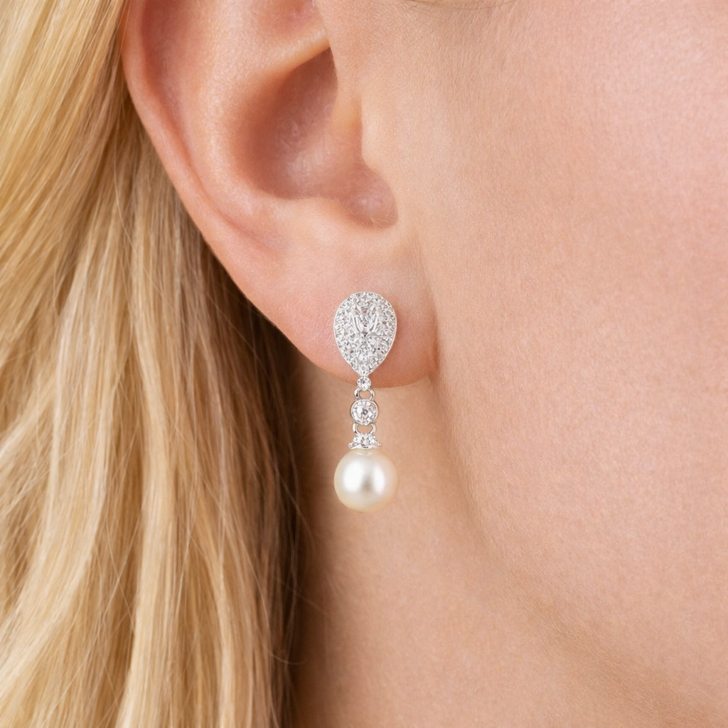 Pearl and Cubic Zirconia Teardrop Earrings