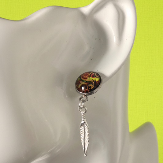 Paisley and Feathers Silver plated Stud Earrings - Multi-coloured