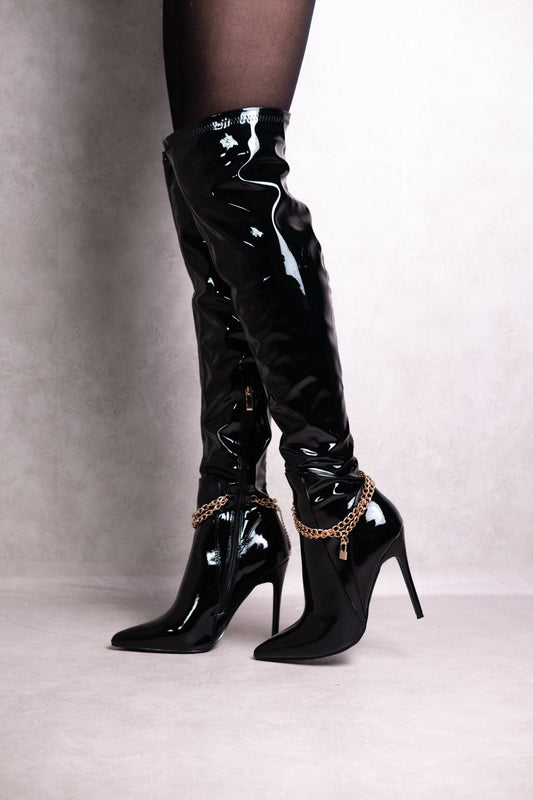 ALICE OVER THE KNEE HIGH HEEL BOOT IN BLACK PATENT FAUX LEATHER