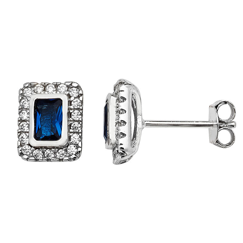 Sapphire Rectangle Halo Stud Earrings