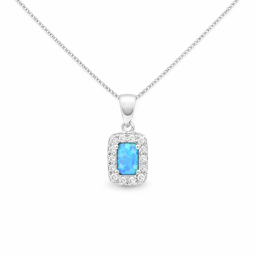 Blue Opal Halo Pendant Necklace