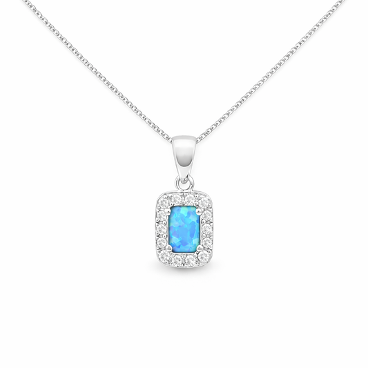 Blue Opal Halo Pendant Necklace