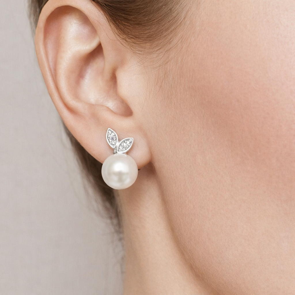 Cubic Zirconia Leaf and Pearl Studs