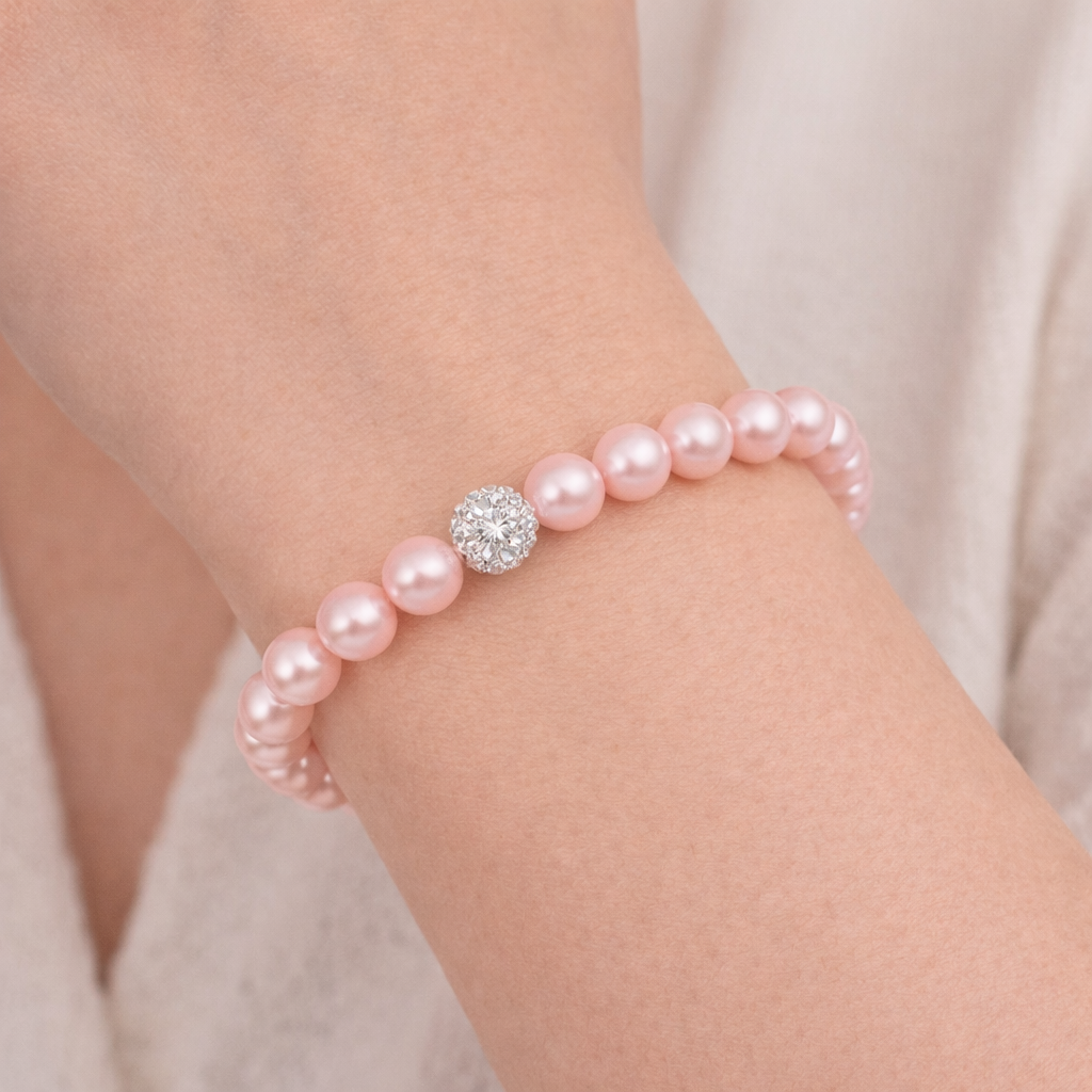 Stretchy Pink Pearl Bracelet with CZ