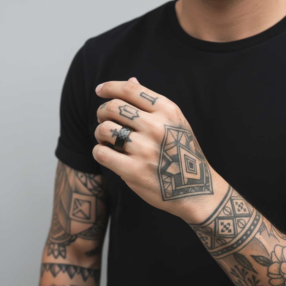 The Aquila - 8mm Hammered Brushed Black Tungsten & Whisky Barrel Wood Ring