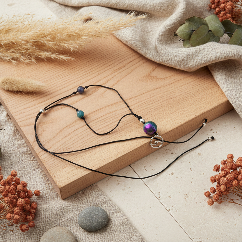 Black Thread Choker Necklace with Green and Pink Agate
