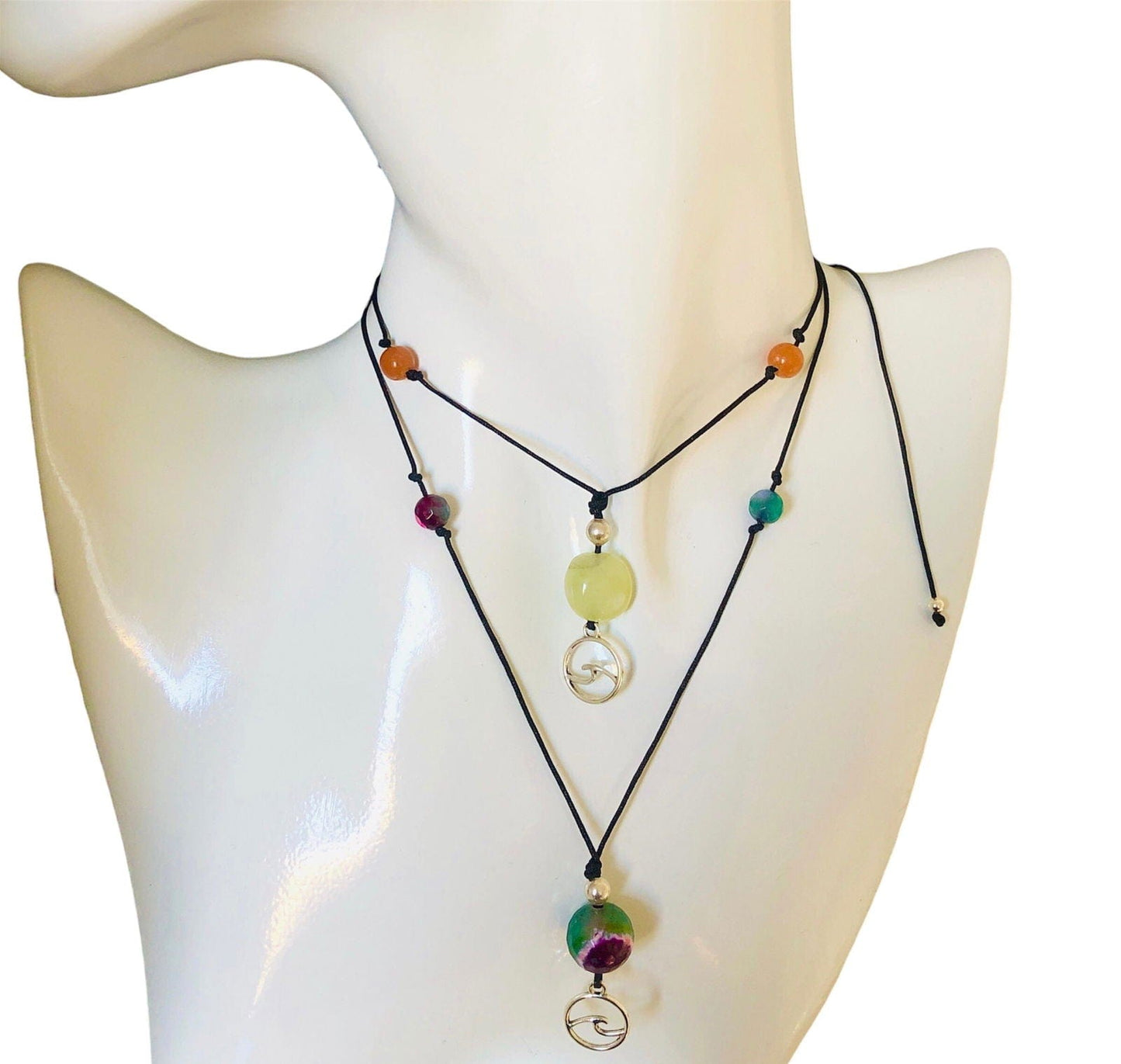Black Thread Choker Necklace with Green and Pink Agate