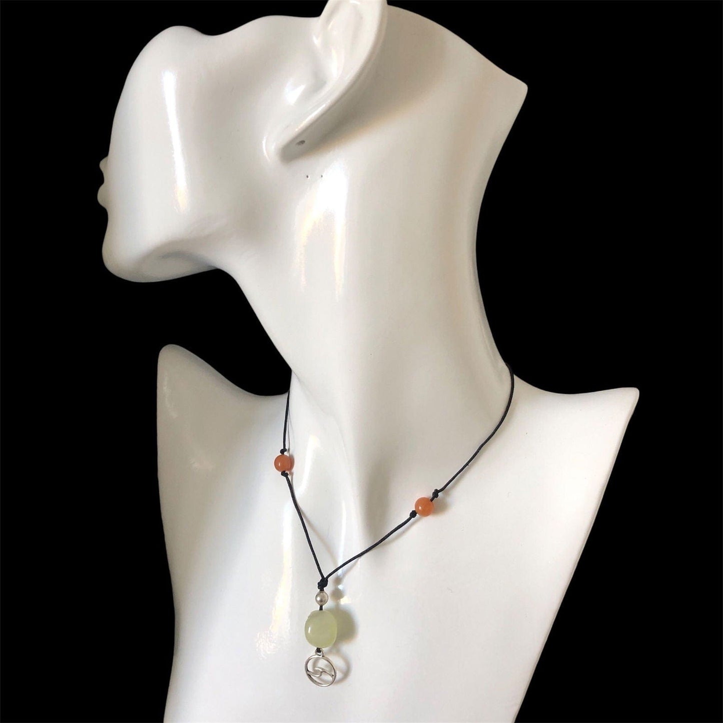Black Thread Choker Necklace with Jade and Carnelian