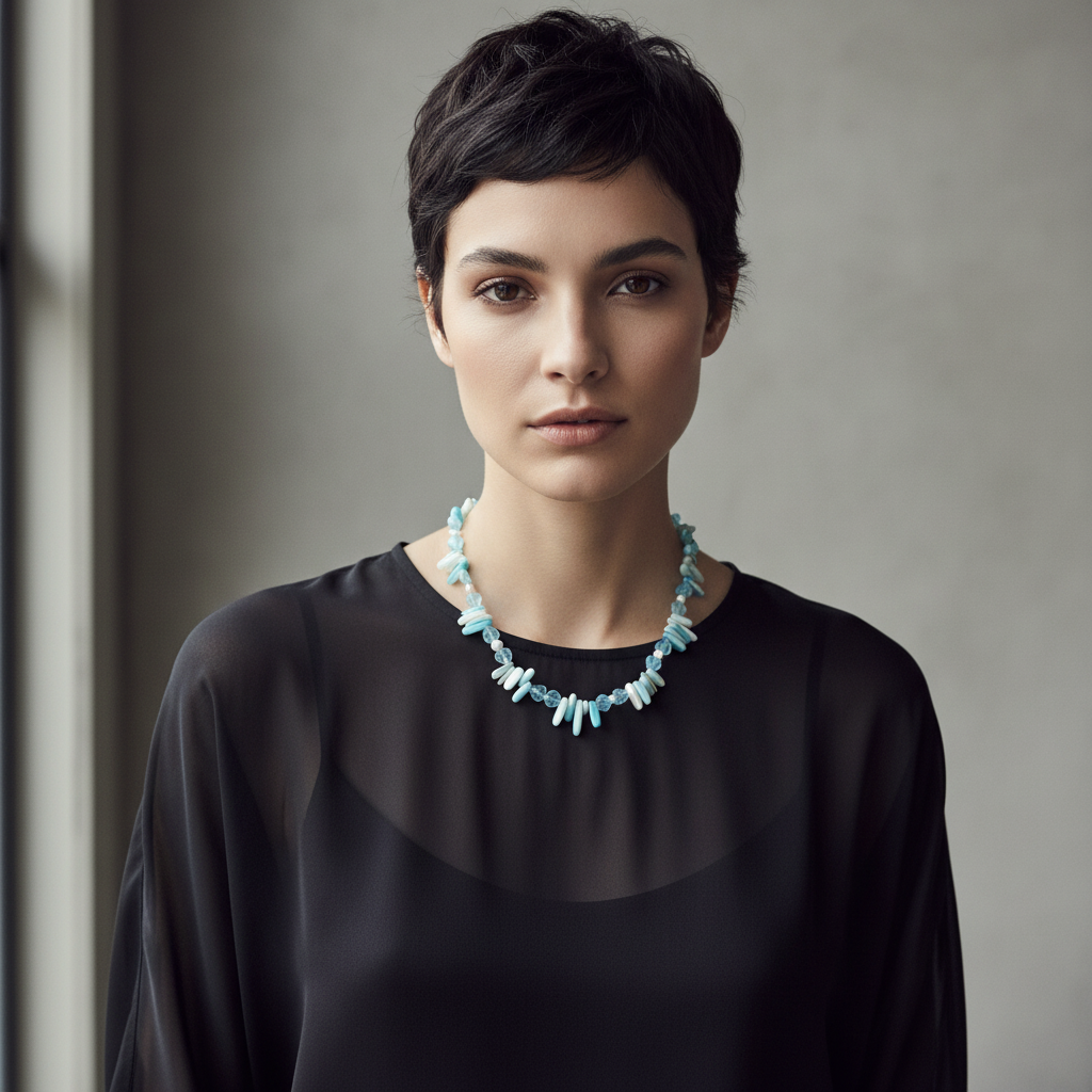 Blue Mother of Pearl, Quartz and Freshwater Pearls Beaded Necklace