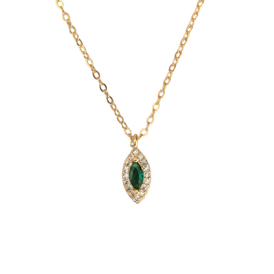 Ameya 14k Gold-Plated Sterling Silver Necklace with Emerald Pendant & Crystal Accents – Elegant Marquise Design, Delicate Luxury Jewelry