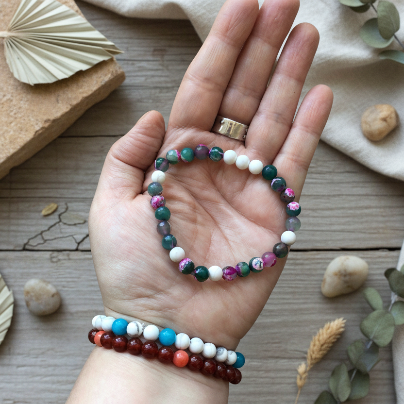 Faceted Green & Pink Agate and Howlite Beaded Bracelet