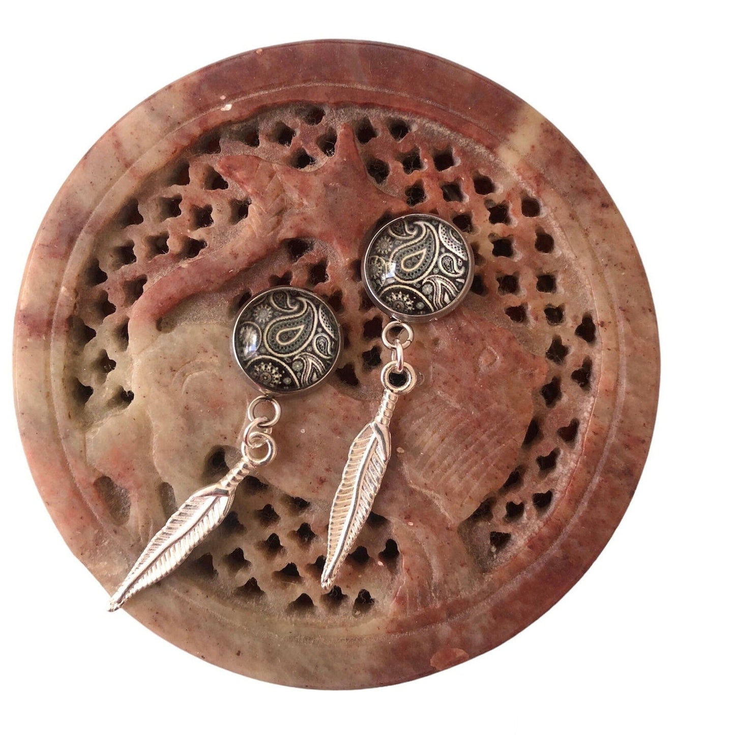 Paisley and Feathers Silver plated Stud Earrings - Gray