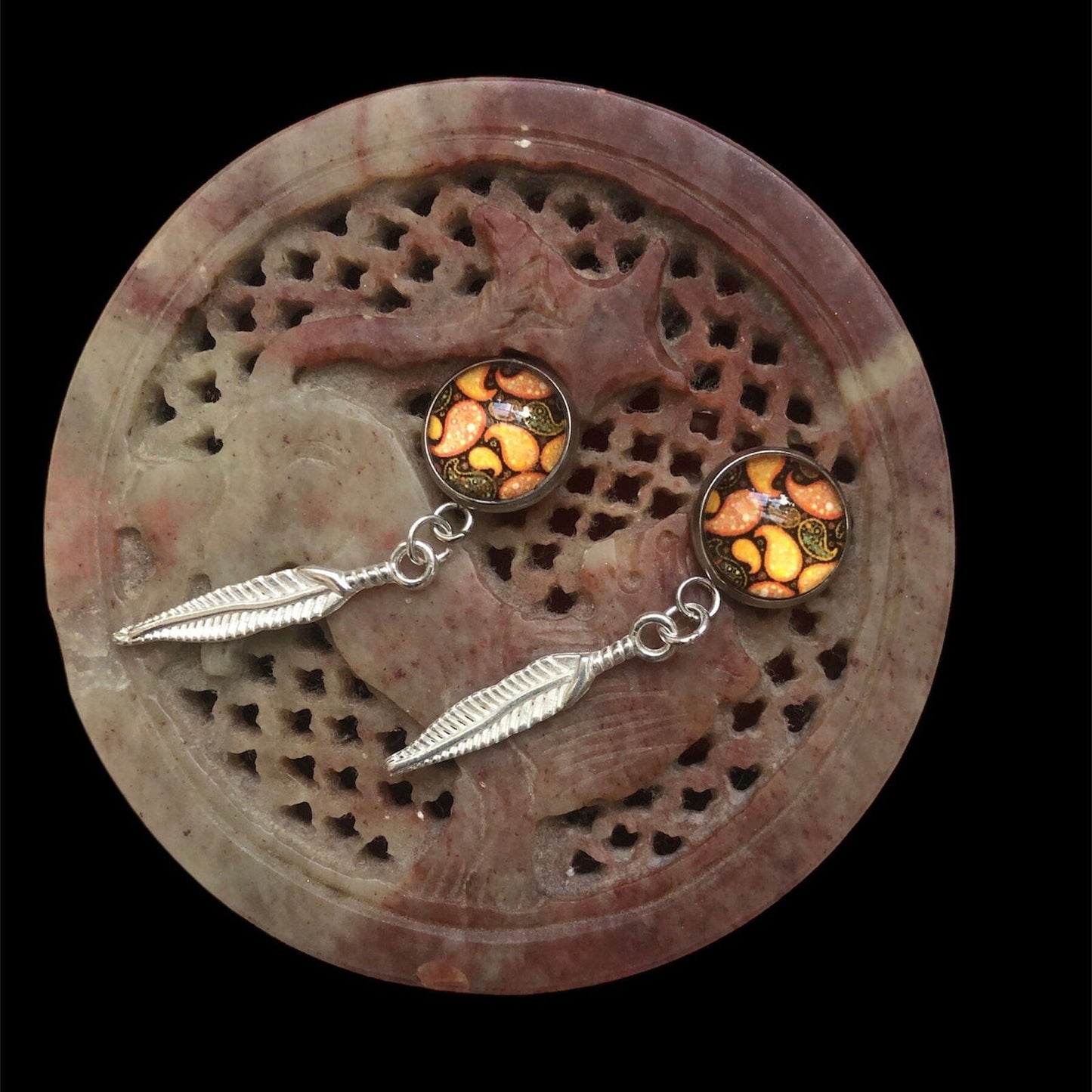 Paisley and Feathers Silver plated Stud Earrings - Orange