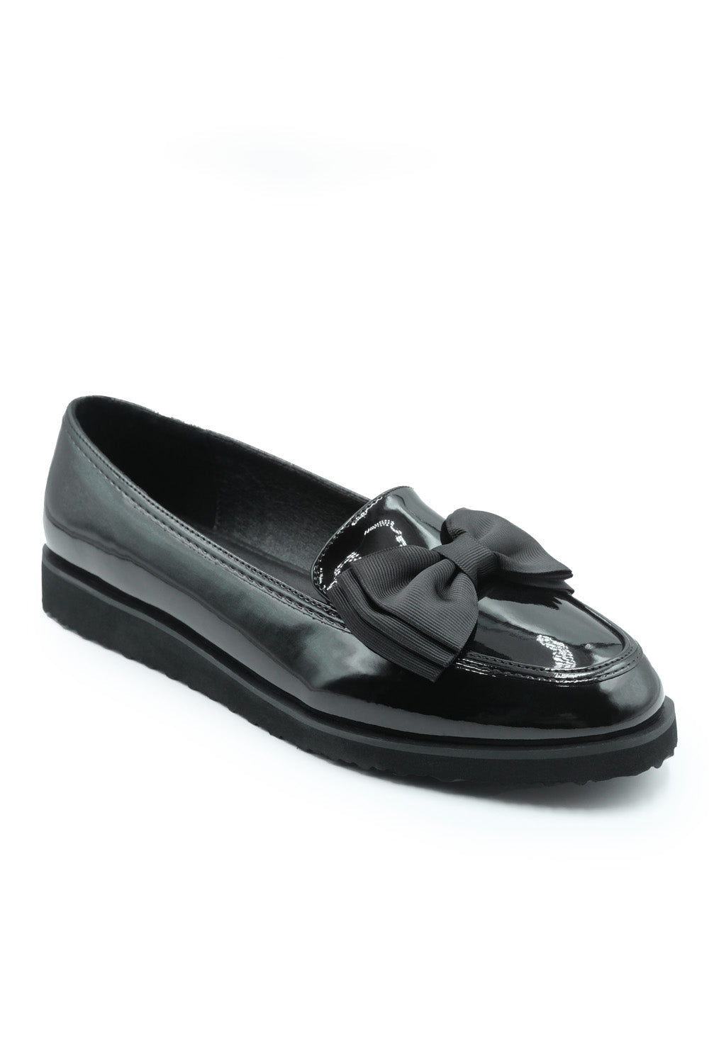 Alpha Girl's School Flat Bow Loafers In Black Patent