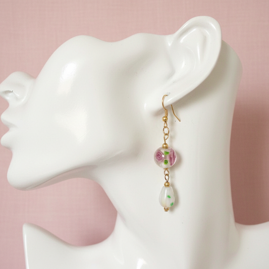 Glass Roses Gold Plated Dangle Earrings