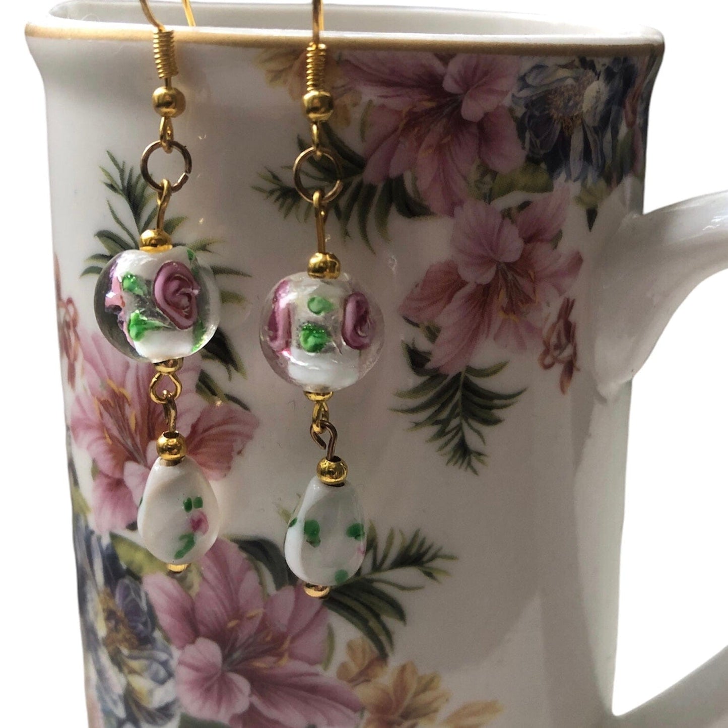 Glass Roses Gold Plated Dangle Earrings