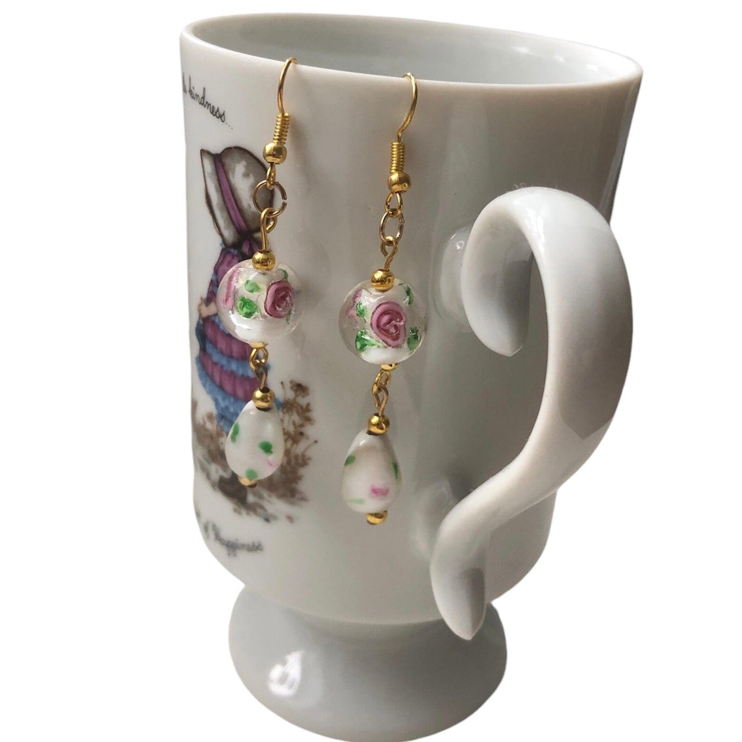 Glass Roses Gold Plated Dangle Earrings