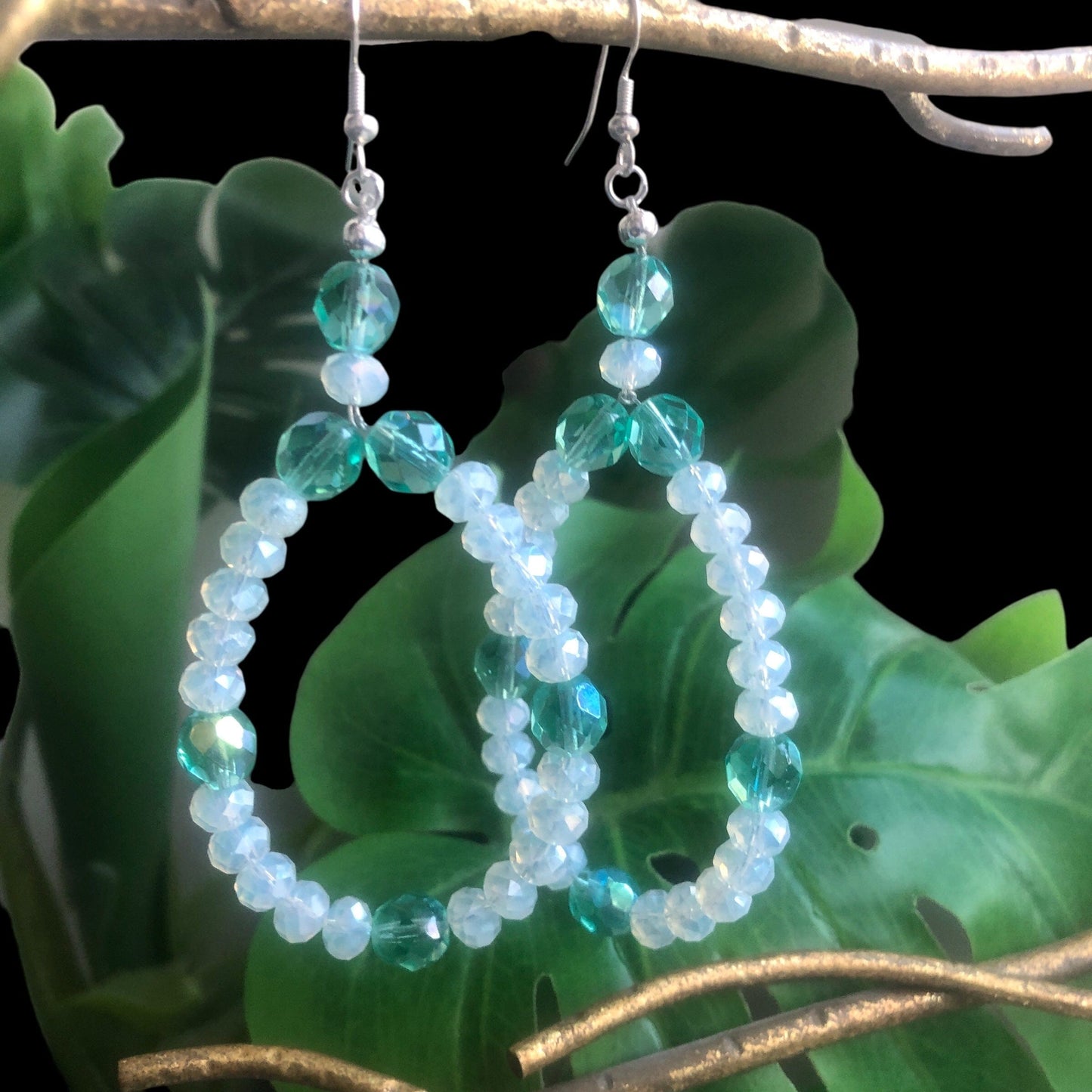 Green and Opal White Statement Crystal Earrings